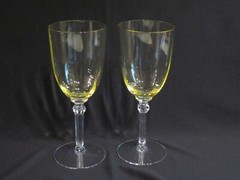 PAIR OF CAMBRIDGE #3135 YELLOW PANELED OPTIC WATER GOBLETS