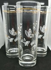 6 Vintage Highball Cocktail Glasses with Butterflies Flowers with Gold Accents