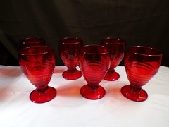 Set of 6 Paden City Ruby Red Glass Penny Line Water Goblets Tumblers 5 1/4″ Tall