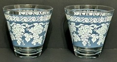 Vintage 1960s Hazel Atlas Grape Design Blue & White Lowball Glasses- Set of 2