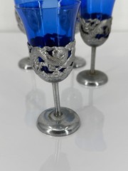 Vintage Cobalt Blue Cordial Wine Glasses Set of 4 Pewter Dragon Stem Goblets