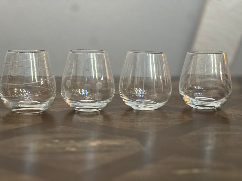 Mikasa Crystal Cheers Stemless Wine Glasses Lot Of 4 Mikasa Cheers Etched Signed