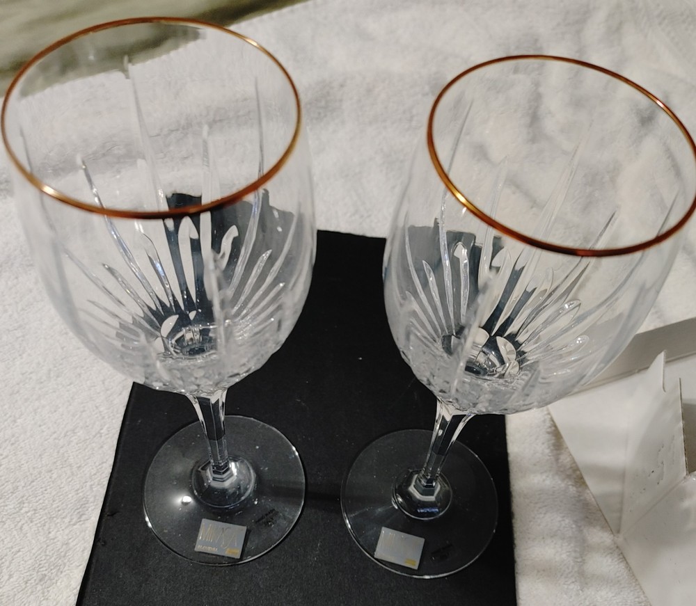 Mikasa ‘Golden Lights’ Crystal Water Goblets/9″ Discontinued Set Of 4/New In Box