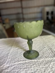 Unmarked Green Frosted Glass Pedestal Goblet Dessert Cup, Scalloped Rim