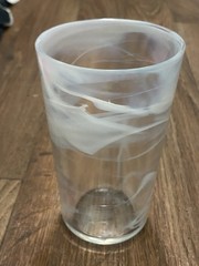 Heavy Glass Tumbler Cup Clear White Blue Swirl Pattern 6” H 3.75” W