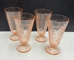 x4 Federal Depression Glass Pink Sharon Cabbage Rose 15oz Footed Tumblers 6-3/4″