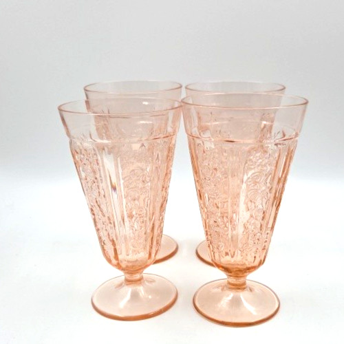 4 Federal Depression Glass Pink Sharon Cabbage Rose 15oz Footed Tumblers 6-3/4″