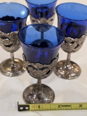 Vintage Silver- Plate Cobalt Blue Cordial Glasses Set Of 4