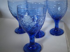 4-pc Libbey Embossed Raised Garden Vine Blue Water Goblet Wine Glass Excellent
