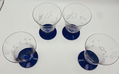 Vintage Clear Etched Glasses With Cobalt Blue Base 4 3/4″ Tall Set Of 4 EUC 04