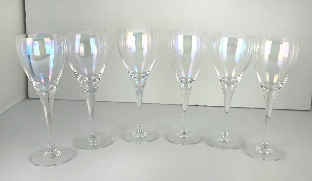 Set of 6 Vintage Iridescent Crystal Wine / Dessert Glasses – 6.75” Tall