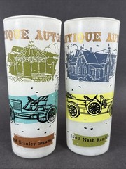 Pair of ANTIQUE AUTOS Frosted Glasses 1909 NASH RAMBLER & 1906 STANLEY STEAMER