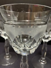 5 Tiffin 6.5″ Wine Glasses Cross Hatch Band Vintage Clear Prism Stem 6 Panel