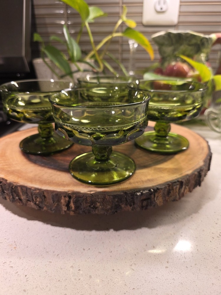 VTG Avocado Green Indiana Glass Kings Crown Thumbprint Dessert Goblet Set Of 4