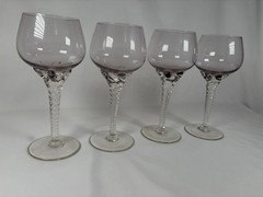4 Vintage Bohemia Czech Amethyst & Clear Glasses Swirl Stem Star Goblet Cordial