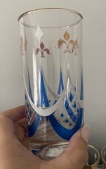MCM Set 8 Highball Glasses with Gold Tone Wire Storage/Carry Rack