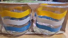 VTG Libbey Rocks Glasses Tumblers 80s Blue White Yellow Stripes 10 oz Set Of 4