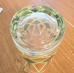 Vintage Atomic Glass MCM Juice Glass Green Gold Geometric Barware 5”
