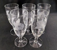 (Set of 5) Glastonbury Lotus 1500-17, Gray Cut Etched 7.25″ Ice Tea Glasses