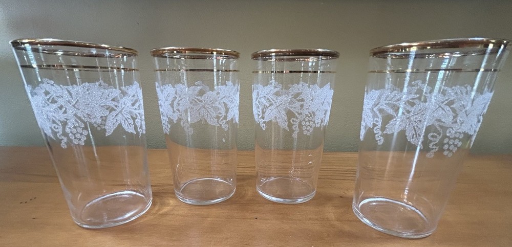 4 VTG Bartlett Collins Embossed Sugar Frosted Grapevine 24K Gold Trim Glasses