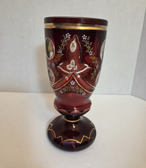 ANT VTG Bohemian Ruby Red Flash Glass Goblet Hand Painted Enamel Gilt Roses 19th