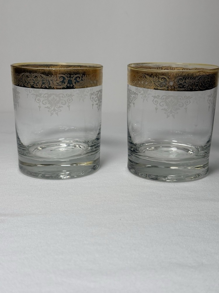 Vintage Italian Cellini C9N1 Crystal Whiskey Glasses Gold Encrusted Rim Set of 2