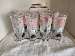 MCM 8 Frosted Libbey Pink/White Foliage Tumblers/Glasses w/ Metal Carrier