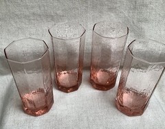 Vintage Libbey Facets 4 Pink Peach Glasses 16 oz Tumbler Textured Octagon 6 1/2”