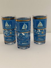 3 MCM Cobalt Blue 5.5” Nautical Pattern HighBall Glasses Barware Ship Sailboat