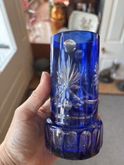 Vintage Bohemian Czech Cobalt Blue Cut to Clear Glass Pitcher and 6 Tumbler Set