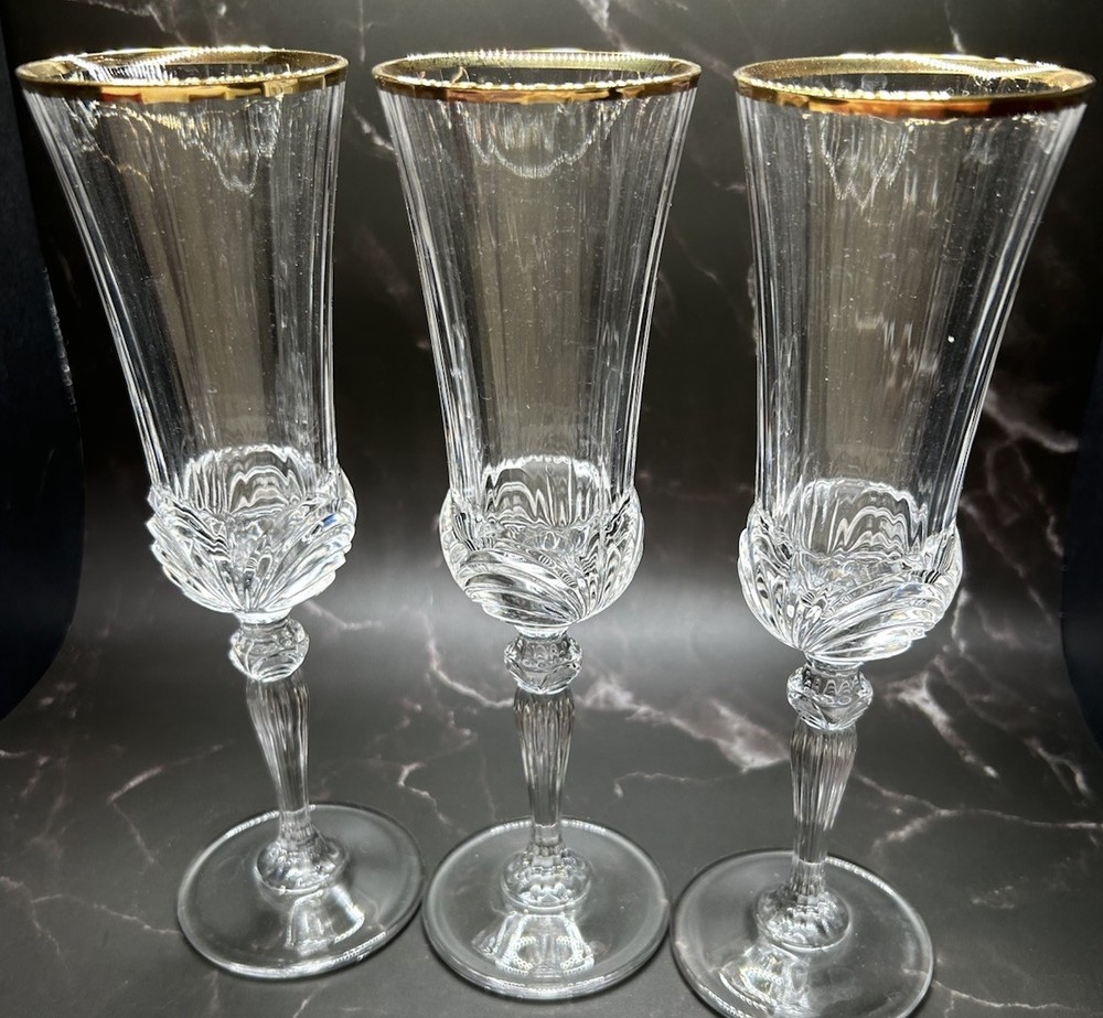 Royal Crystal Rock RCR Set of 3 AUREA Fluted Champagne Gold Rim Glasses Art Deco