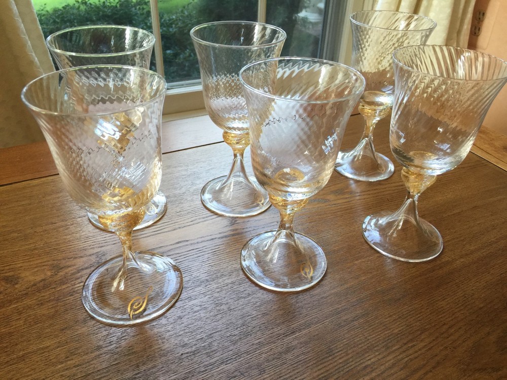 Six Salviati Venetian Blown glass Gold Wine Goblets