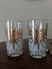 Vintage MCM Juice Glasses Gold Frosted Atomic Star Burst Sun Stars