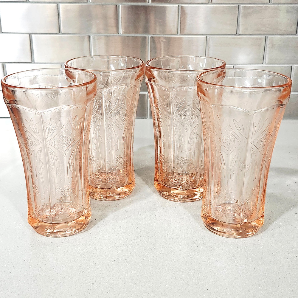4 Indiana Recollection Pink Depression Glasses Scroll Design 14 oz Flat Tumbler