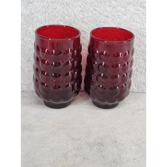 Vintage Ruby Red Thumbprint Bubble Glass Juice Tumblers Set of 2 MCM 4 Inch