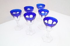 SET 6 BOHEMIAN CZECH CUT TO CLEAR CRYSTAL 5.5″ WINE GLASS GOBLETS Cobalt BLUE