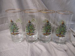 Spode Highball Tumbler Glass Christmas Tree Pattern Gold Trim | Set of 4