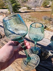 Hand Blown Teal Green Wine Glass Goblets Set of 2 9.5″ Tall Pontil Heavy Artisan