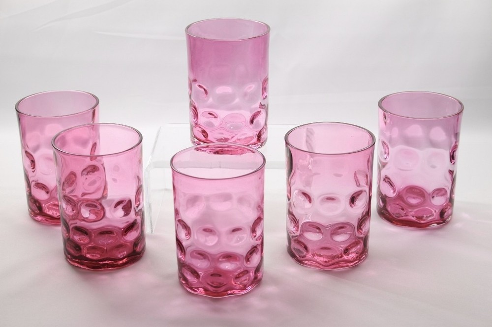 CRANBERRY GLASS INVERTED THUMBPRINT DOT OPTIC 3.75″ TUMBLERS-6 PCS