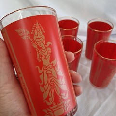 5 Vintage 1960s MCM Culver MANDALAY Red Siam Thai Goddess Glasses Gold Trim