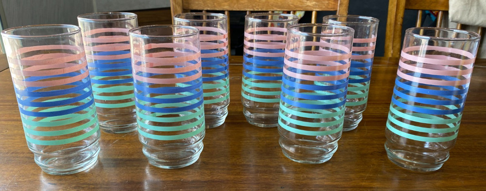 Vintage Pastel Pink Blue Green Stripe Drinking Glasses Set of 8 MCM