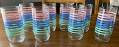 Vintage Pastel Pink Blue Green Stripe Drinking Glasses Set of 8 MCM