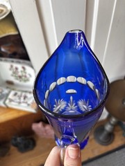 Vintage Bohemian Czech Cobalt Blue Cut to Clear Glass Pitcher and 6 Tumbler Set