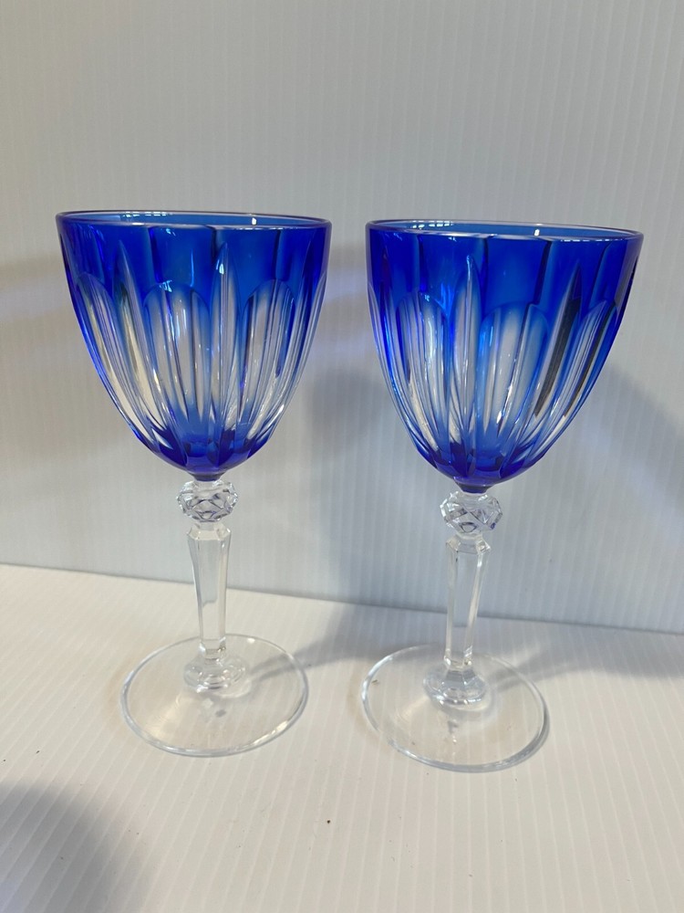 Pair Cristal Durand Cobalt Blue Cut to Clear 6.5″ Crystal Goblets