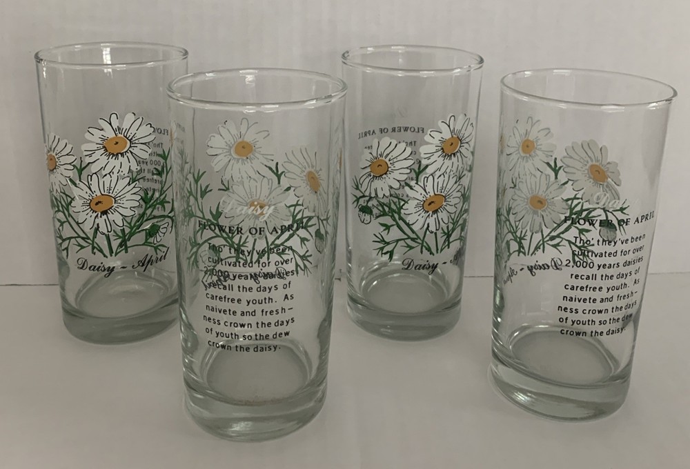 Set of 4 Vintage 1970’s Brockway Daisy Flower of April Tumblers 5.5” Tall