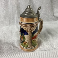 Vintage German Beer Stein Ceramic Pewter Lid Hand Painted Tavern Scene 7″