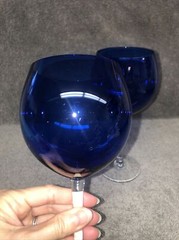 Set Of Two Beautiful Cobalt Blue Wine Glasses With Clear Stems 8 1/2” Tall