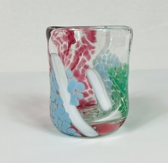 (1) Handblown Confetti Art Glass Blue/Red/Green Glass Short Uneven Tumbler