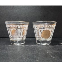 Hazel Atlas Aztec Calendar Lowball, Set of 2, Golden Medallion Design Tumbler