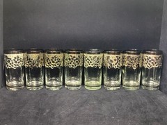 Set of 8 Dorothy Thorpe Silver Fade W/ Grape Design Highball Glasses w/ Carrier